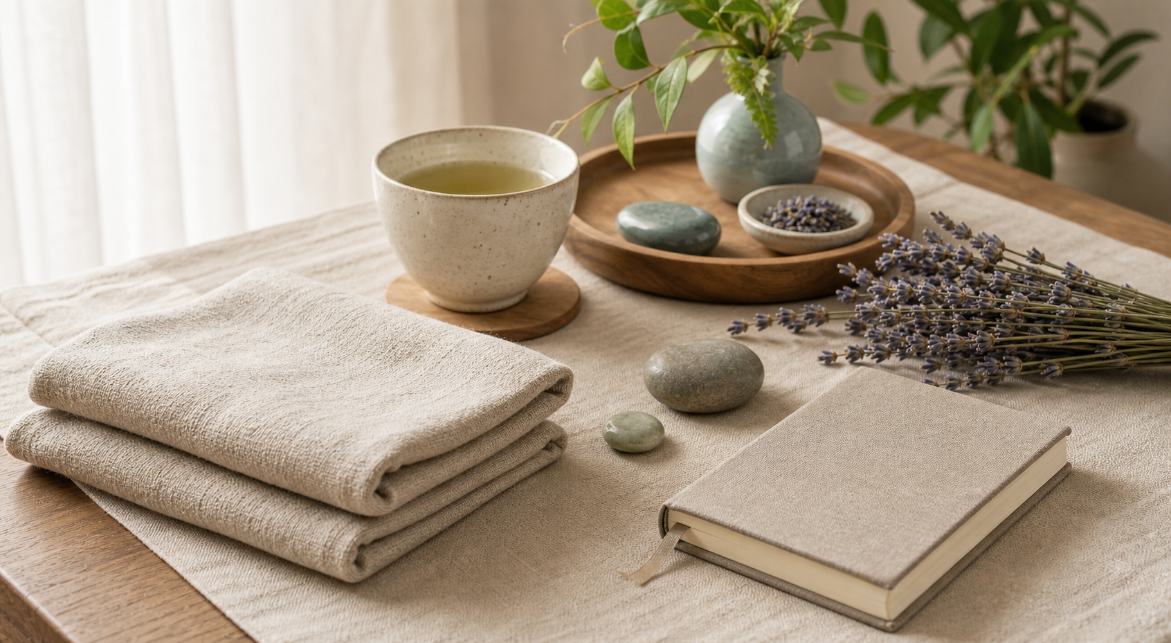 Détails de séance Reiki avec tasse, linge, carnet et lavande