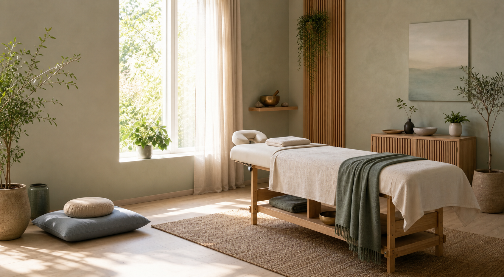 Salle calme de Reiki4NRW avec table de relaxation et lumière naturelle